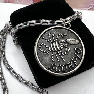 Luca Razza Scorpio Zodiac & Football Pewter Pendant 1970's Necklace